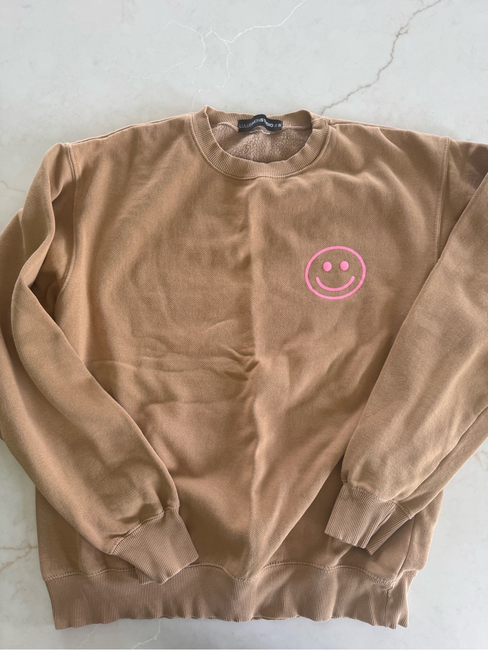 Tan Oversized Sweatshirt with Pink Smiley and drinking with dog saying on back.